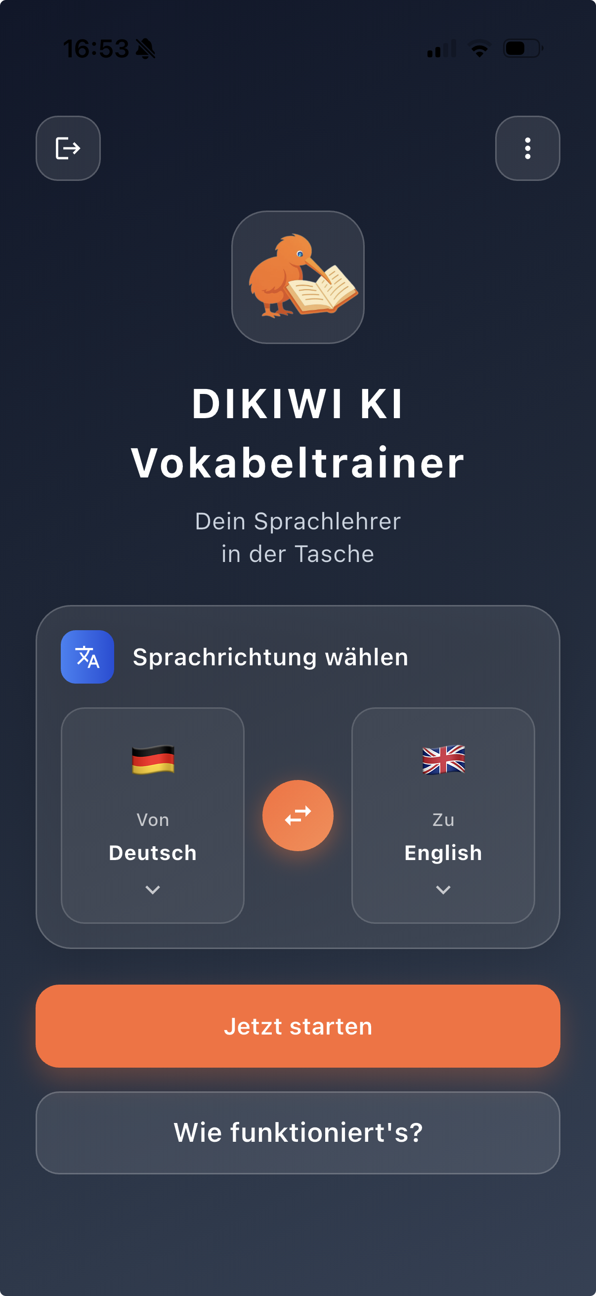 Aktuelle Sprachrichtung vor dem Test