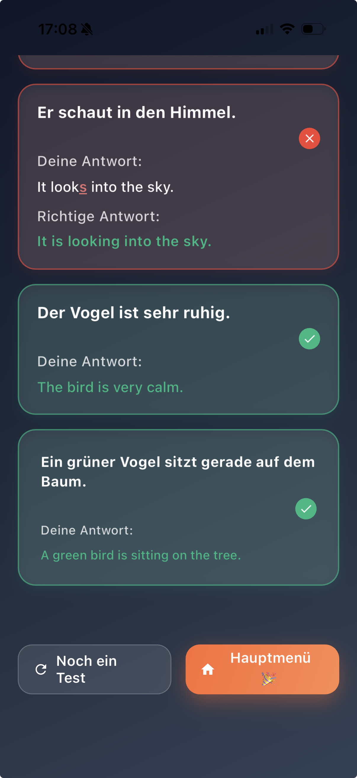 Fehleranalyse und Ergebnis im digitalen Vokabeltest