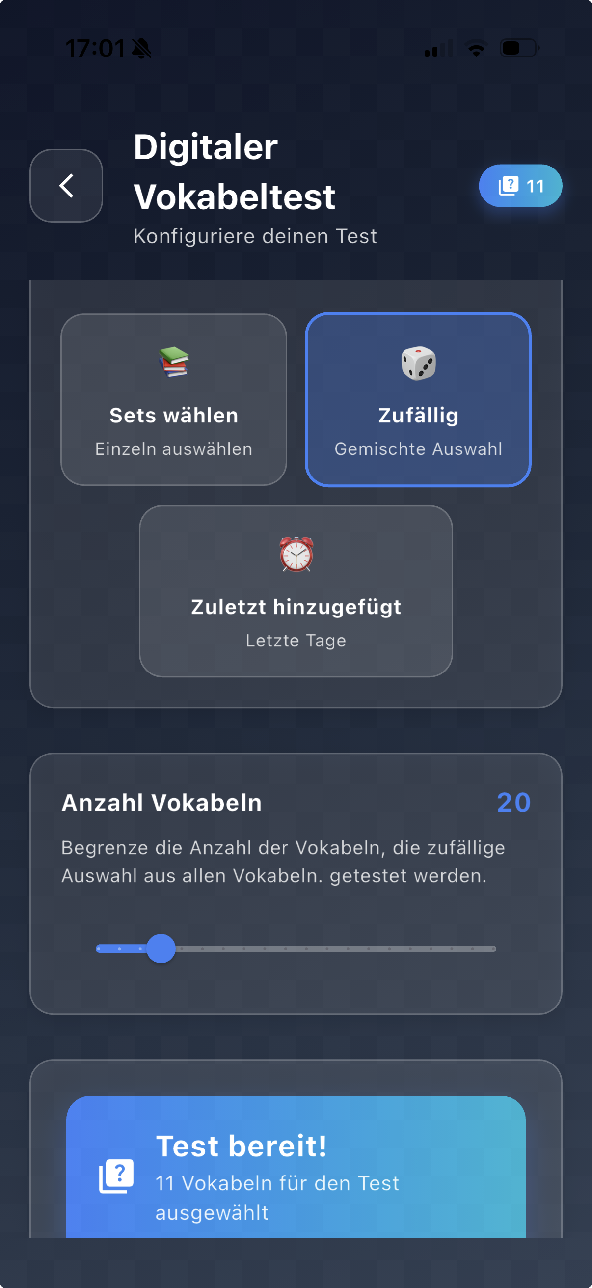 Digitaler Vokabeltest zufällige Auswahl
