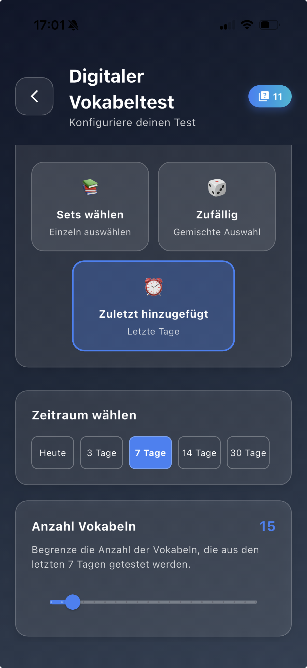 Digitaler Vokabeltest zuletzt hinzugefügt