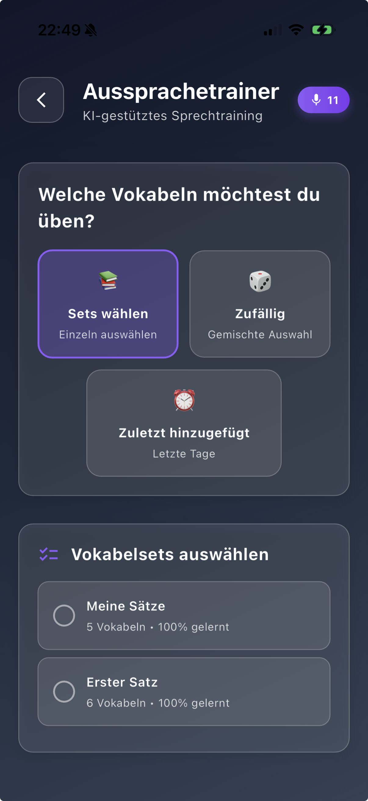 Aussprachetraining – Sets auswählen