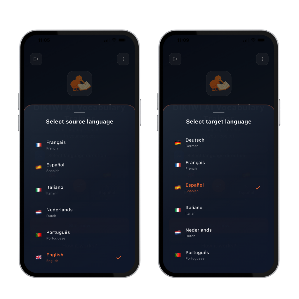 Select source language and target language in the DIKIWI Vocabulary Trainer