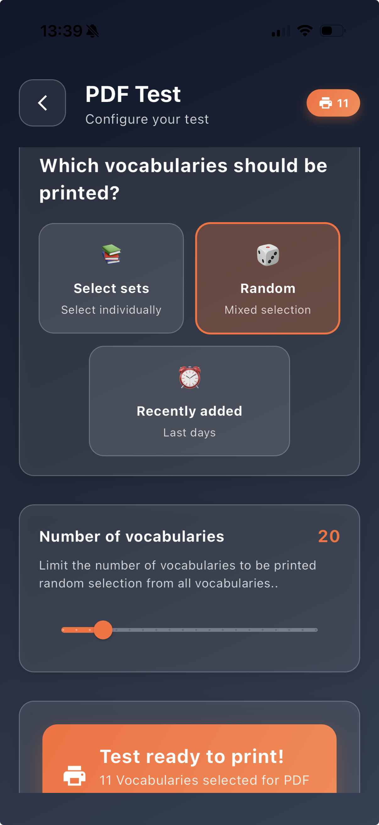 Written vocabulary test as PDF